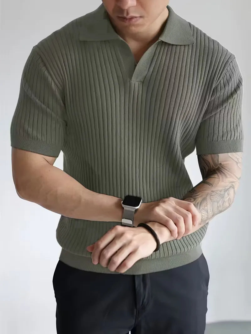 Mens V Neck Ribbed Texture Polo