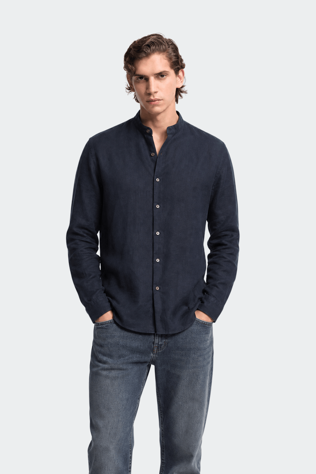 Mens Linen Shirt Band Collar Long Sleeve Relaxed Fit
