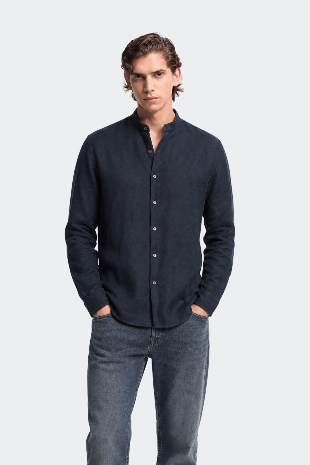 Mens Linen Shirt Band Collar Long Sleeve Relaxed Fit