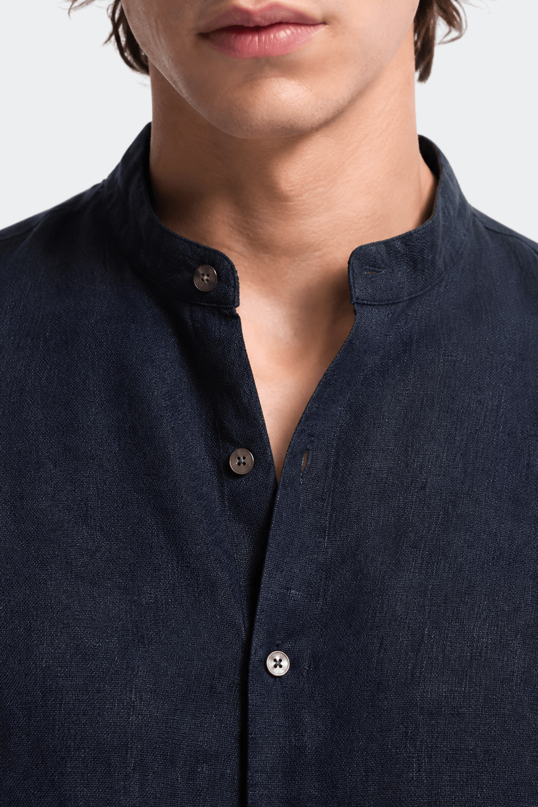 Mens Linen Shirt Band Collar Long Sleeve Relaxed Fit