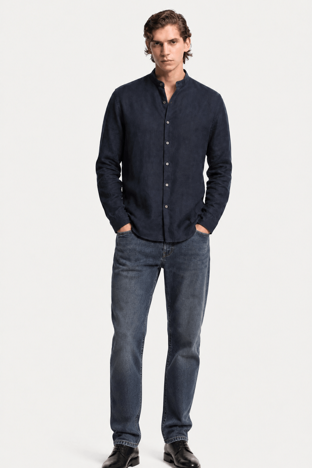 Mens Linen Shirt Band Collar Long Sleeve Relaxed Fit