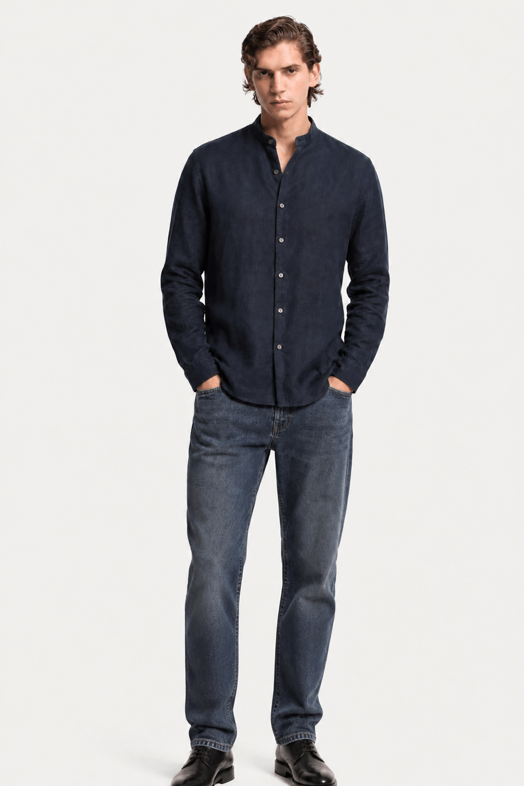 Mens Linen Shirt Band Collar Long Sleeve Relaxed Fit