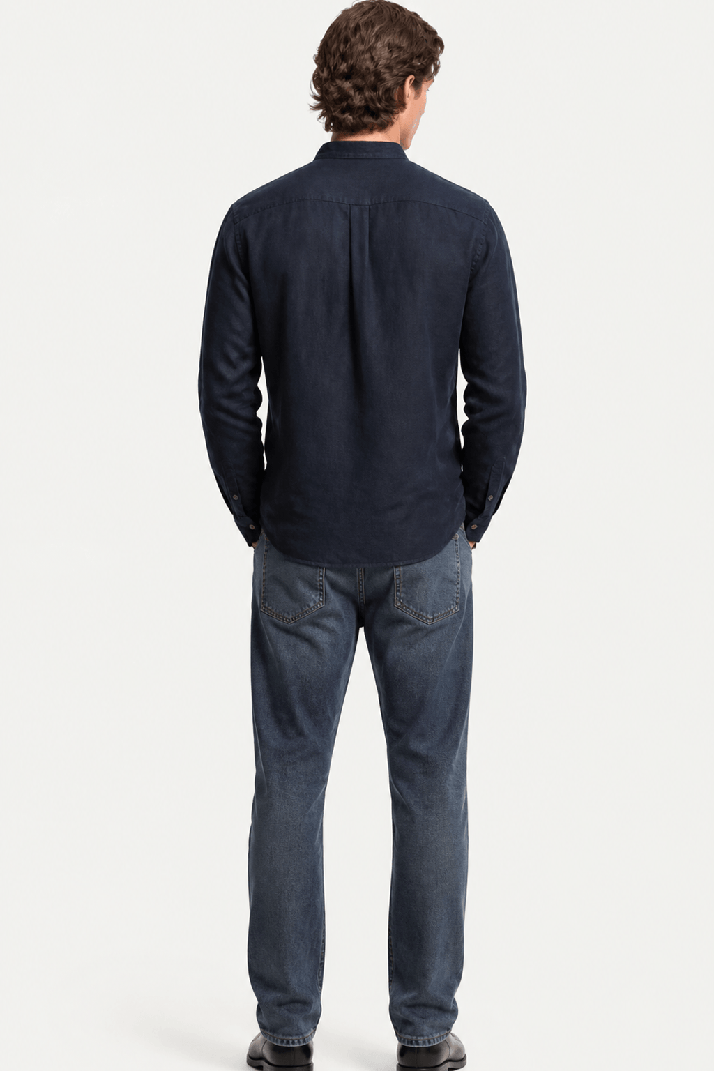 Mens Linen Shirt Band Collar Long Sleeve Relaxed Fit
