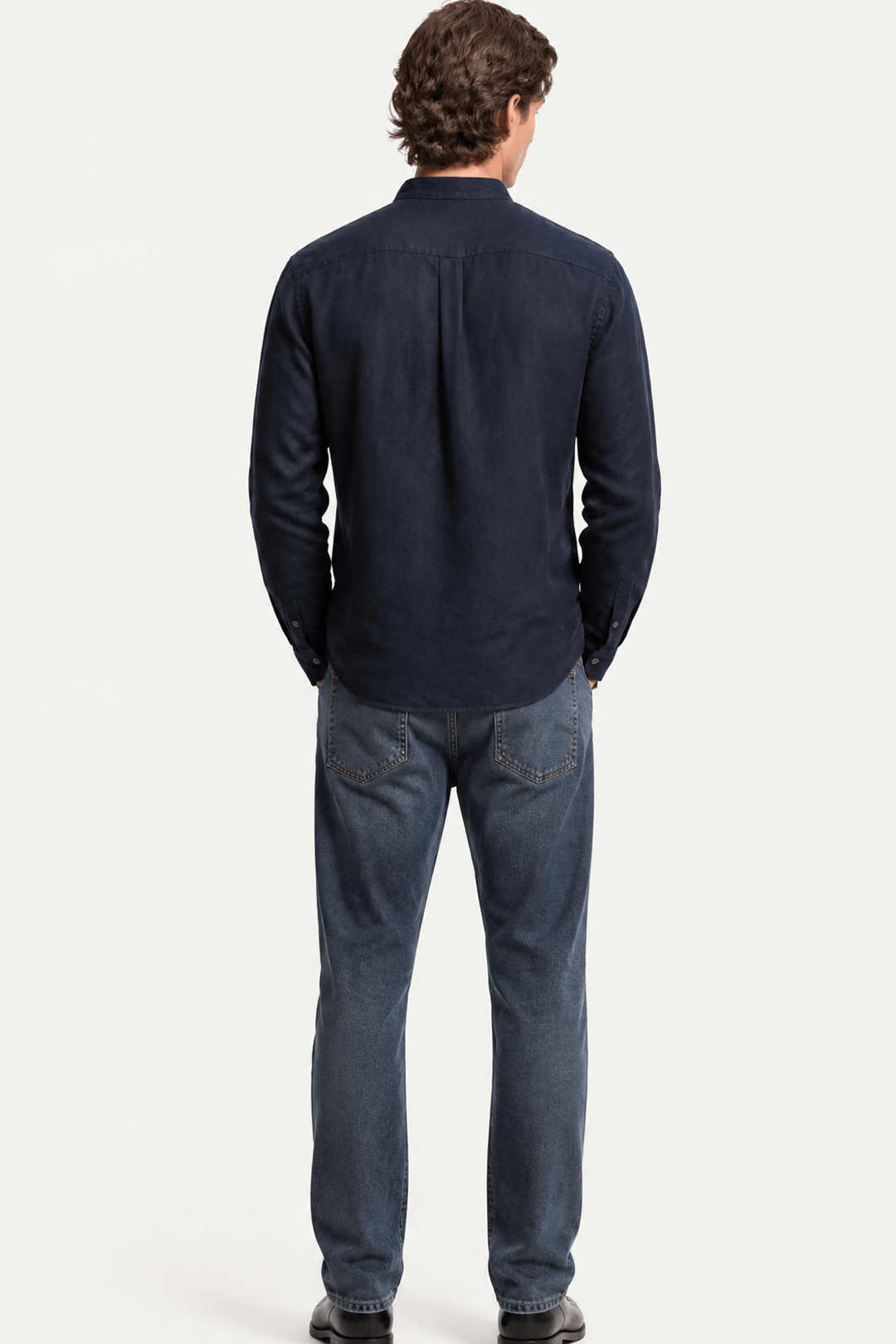 Mens Linen Shirt Band Collar Long Sleeve Relaxed Fit