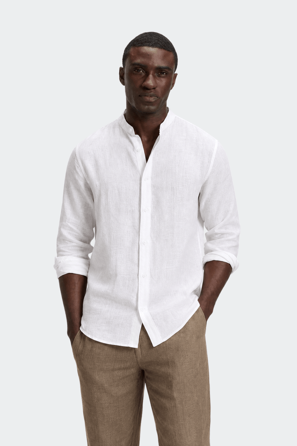 Mens Linen Shirt Band Collar Long Sleeve Relaxed Fit