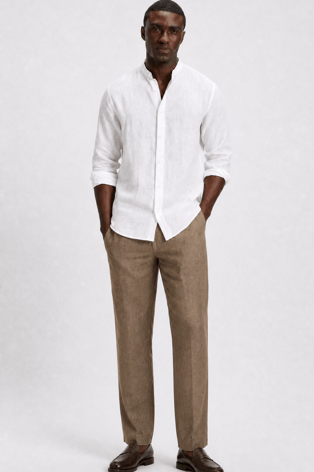 Mens Linen Shirt Band Collar Long Sleeve Relaxed Fit