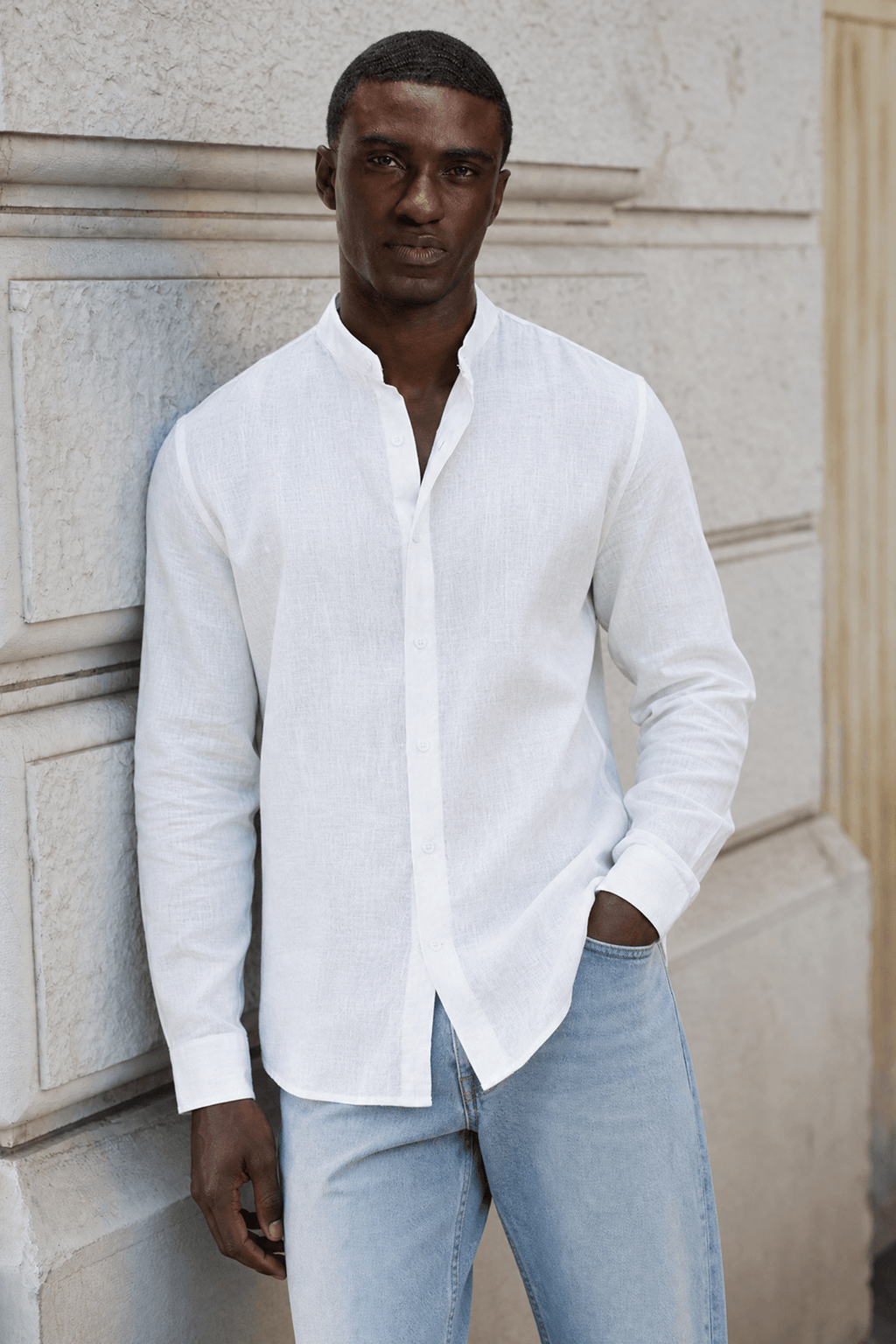 Mens Linen Shirt Band Collar Long Sleeve Relaxed Fit