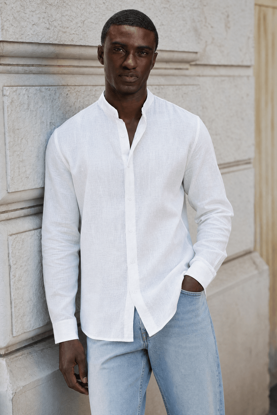 Mens Linen Shirt Band Collar Long Sleeve Relaxed Fit