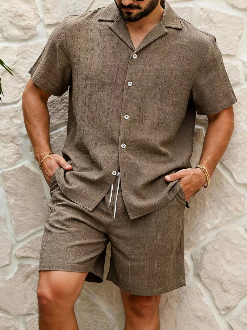 Mens Short Sleeve Shirt and Shorts Set V Neck