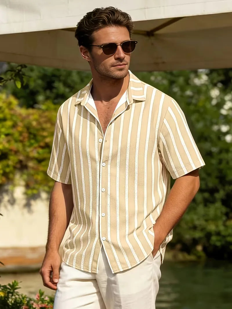 Mens Short Sleeve V Neck Stripe Shirt