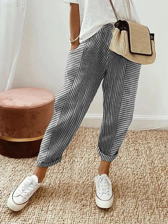 Striped Pants Straight Leg Elastic Waist Pockets