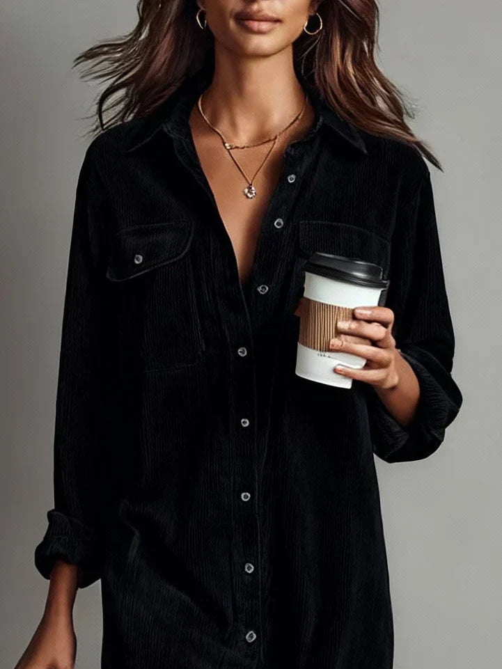 Corduroy Button-Up Midi Dress Chest Pockets Relaxed Fit