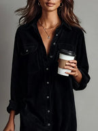 Corduroy Button-Up Midi Dress Chest Pockets Relaxed Fit