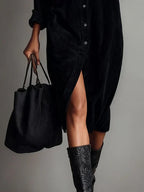 Corduroy Button-Up Midi Dress Chest Pockets Relaxed Fit