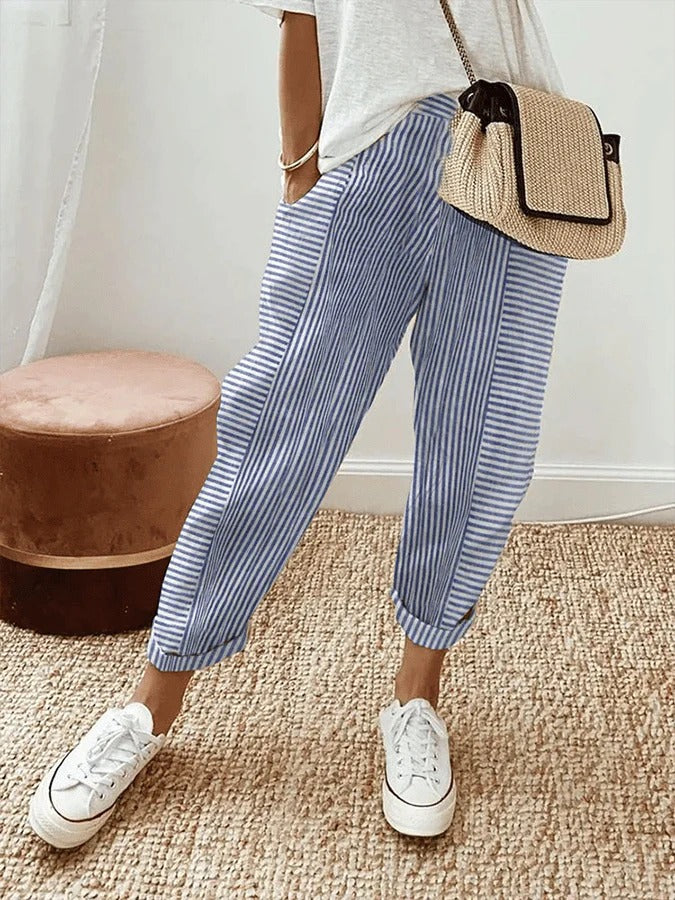 Striped Pants Straight Leg Elastic Waist Pockets