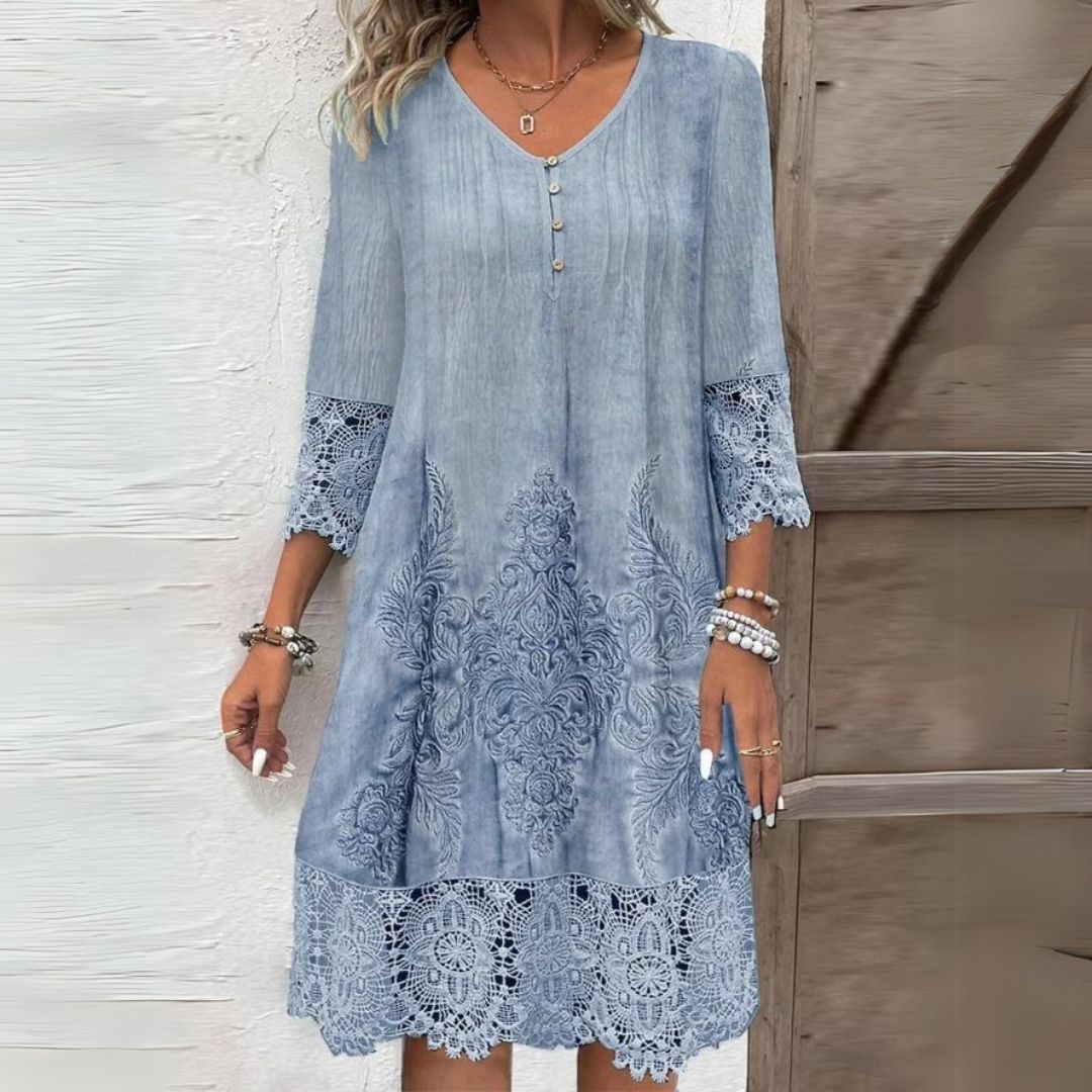 Womens Loose Dress Lace Trim V Neck Three Color