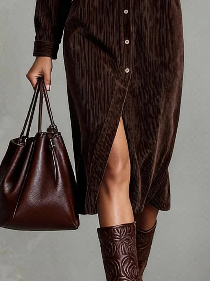 Corduroy Button-Up Midi Dress Chest Pockets Relaxed Fit