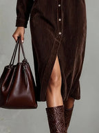 Corduroy Button-Up Midi Dress Chest Pockets Relaxed Fit
