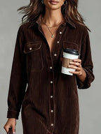 Corduroy Button-Up Midi Dress Chest Pockets Relaxed Fit