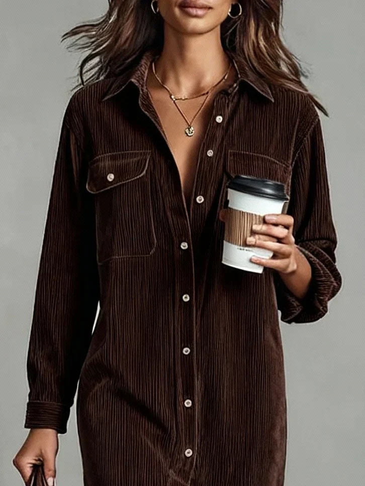 Corduroy Button-Up Midi Dress Chest Pockets Relaxed Fit