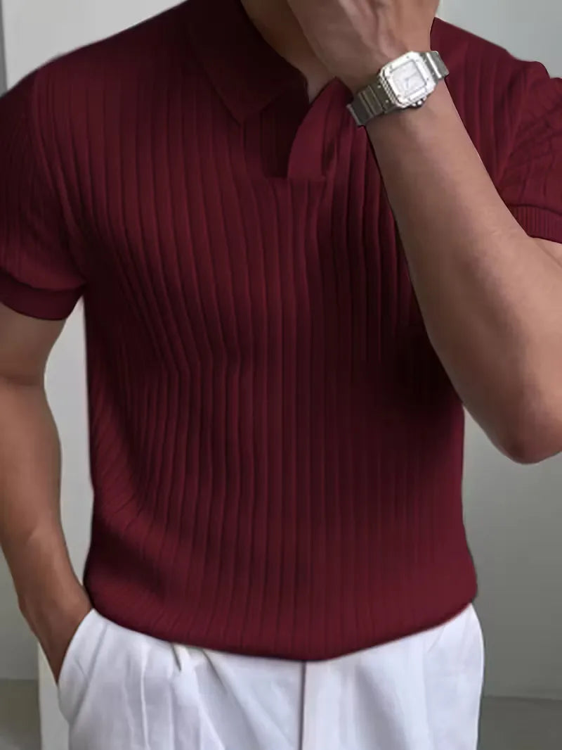 Mens V Neck Ribbed Texture Polo