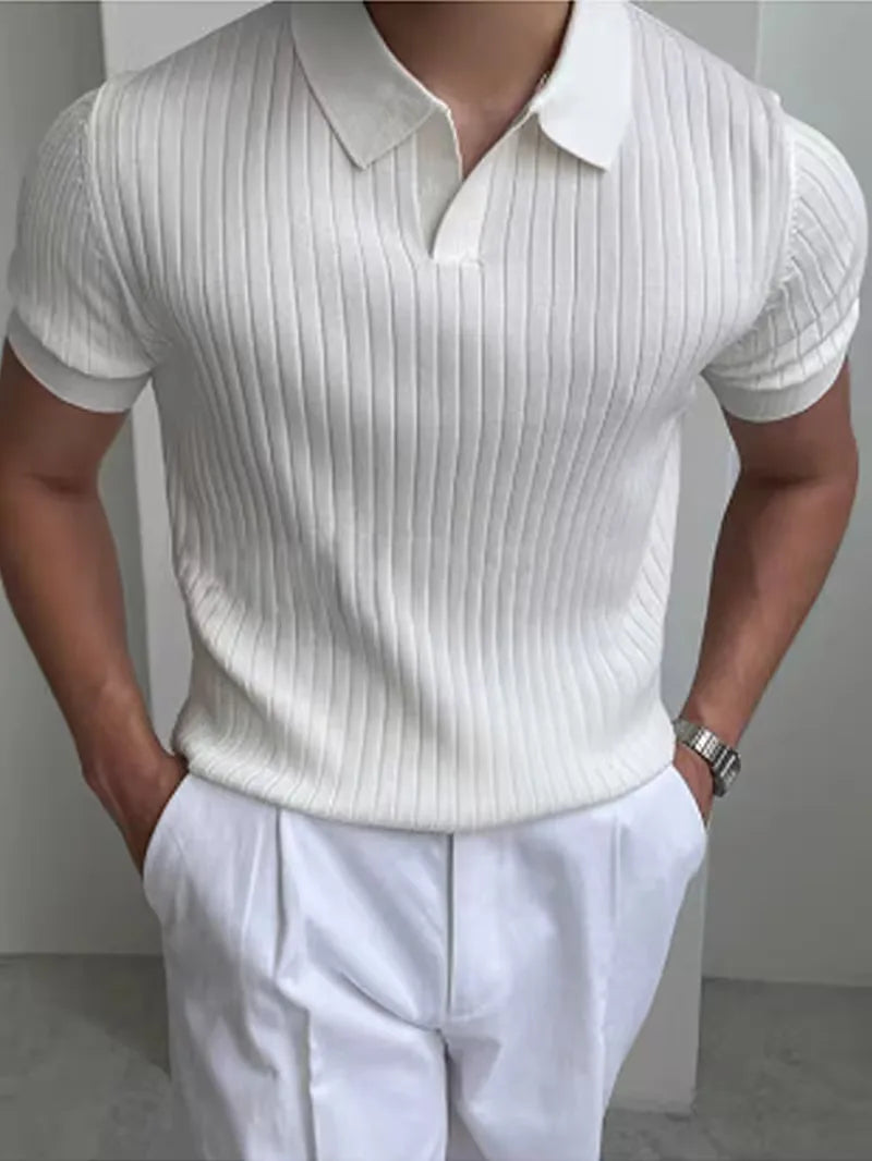 Mens V Neck Ribbed Texture Polo