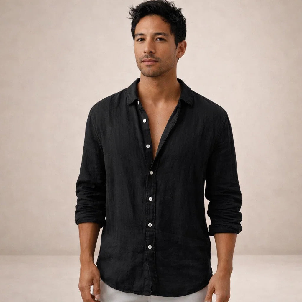 Mens Linen Shirt Open Collar Long Sleeve Regular Fit