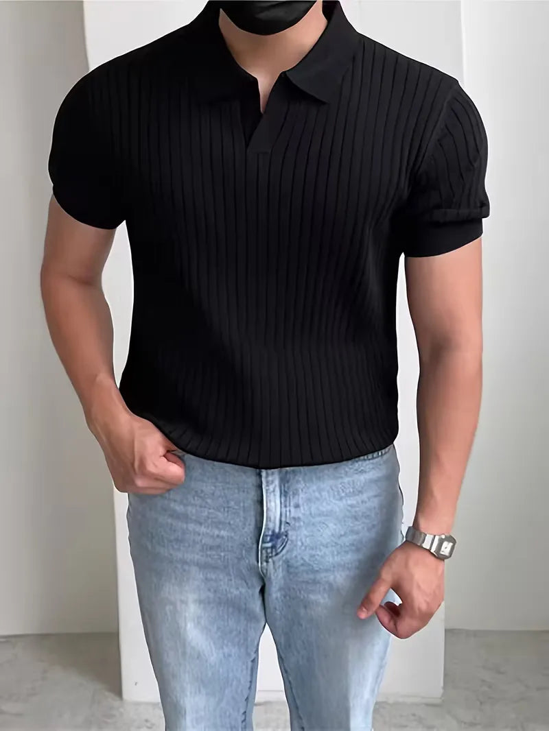 Mens V Neck Ribbed Texture Polo