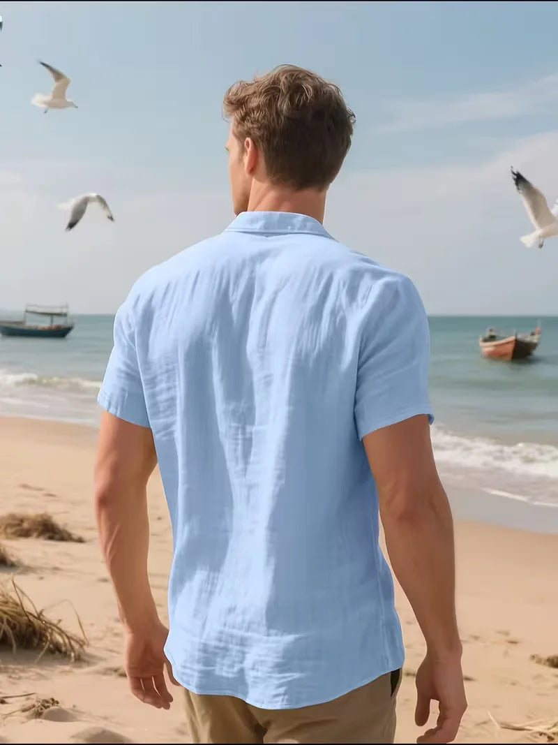 Mens Short Sleeve Linen Shirt Chest Pocket