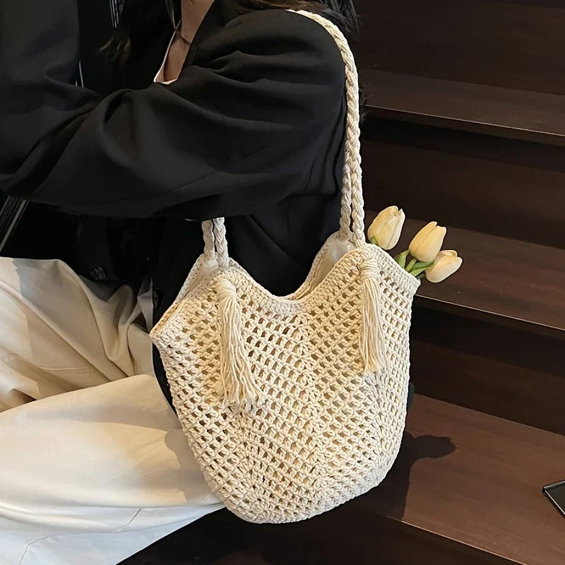 Womens Boho Shoulder Bag Woven Handles Two Color