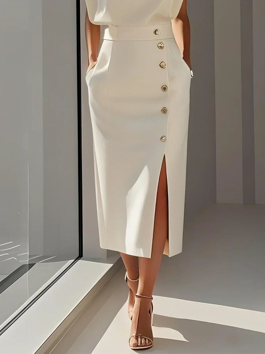 Womens Midi Dress Sleeveless Button Detail Five Color