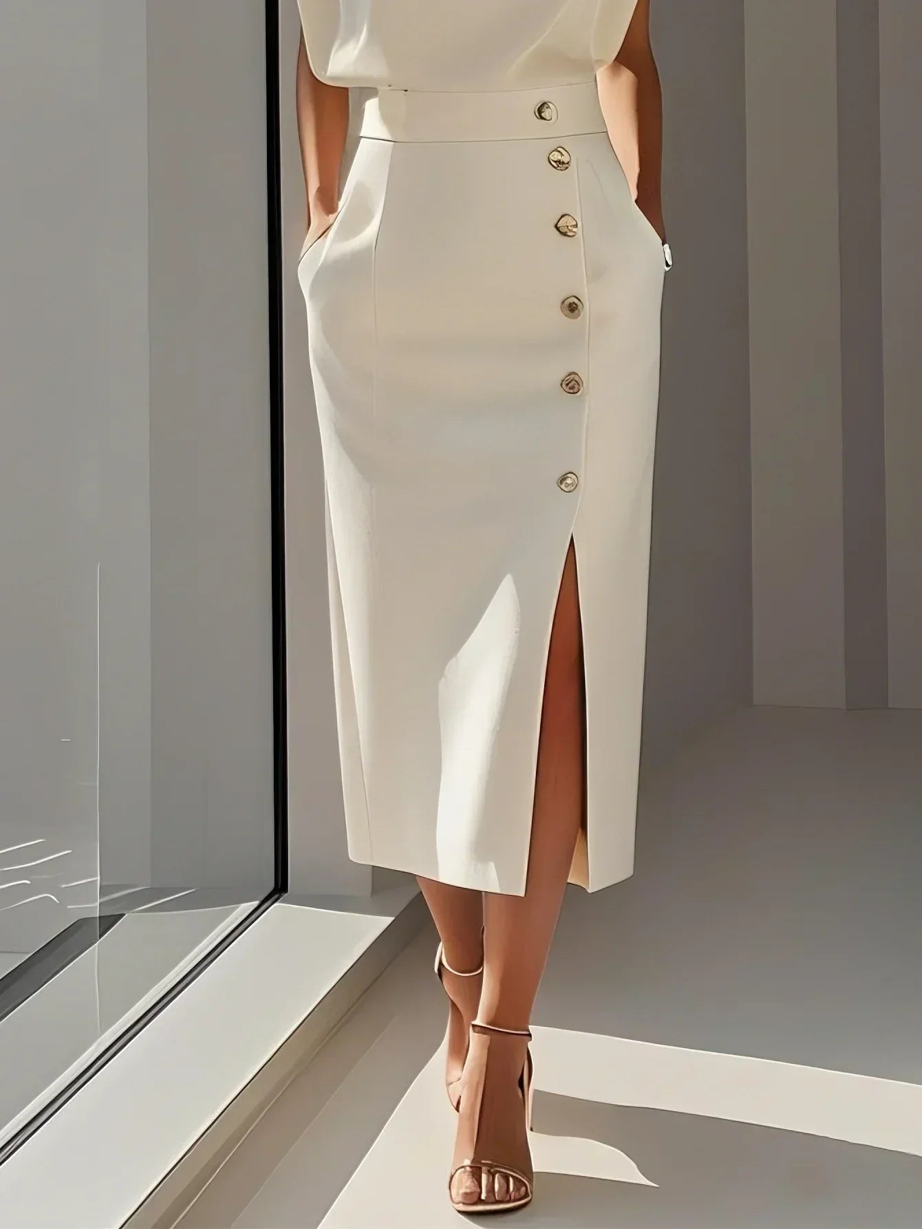 Womens Midi Dress Sleeveless Button Detail Five Color