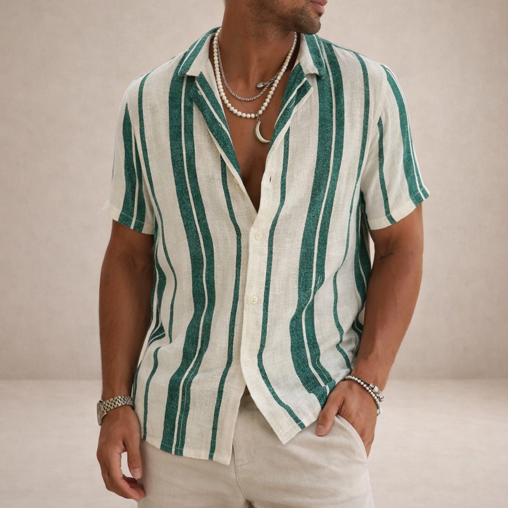 Mens Linen Shirt Striped Long Sleeve Regular Fit