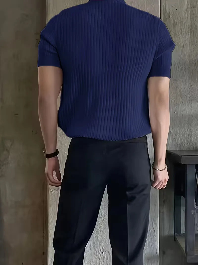 Mens V Neck Ribbed Texture Polo