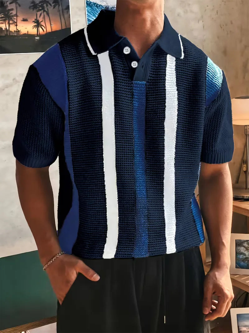 Mens Short Sleeve V Neck Striped Polo