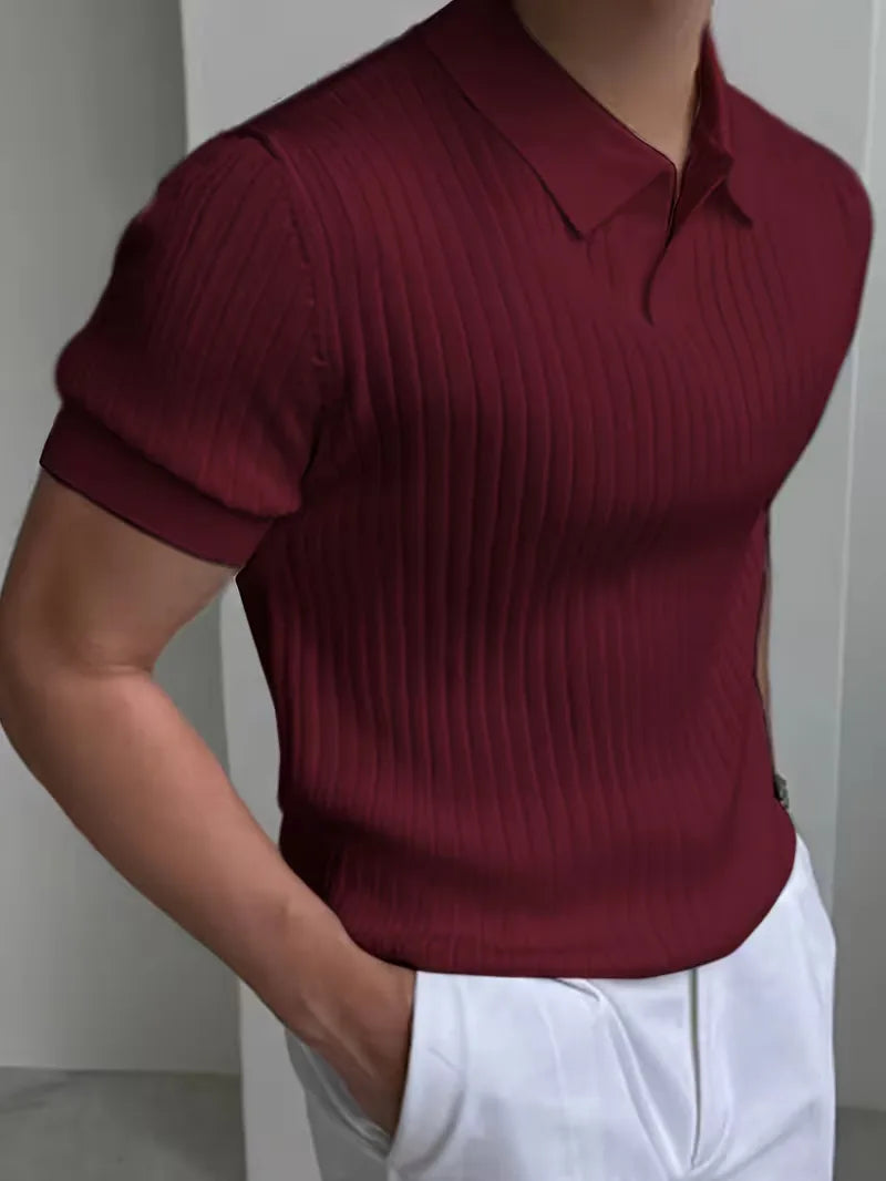 Mens V Neck Ribbed Texture Polo
