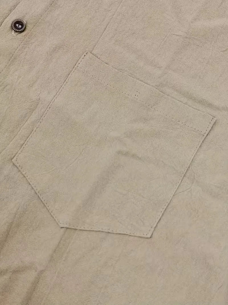 Mens Short Sleeve Linen Shirt Chest Pocket