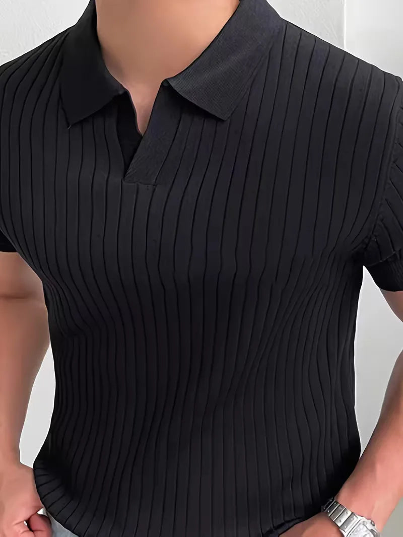 Mens V Neck Ribbed Texture Polo