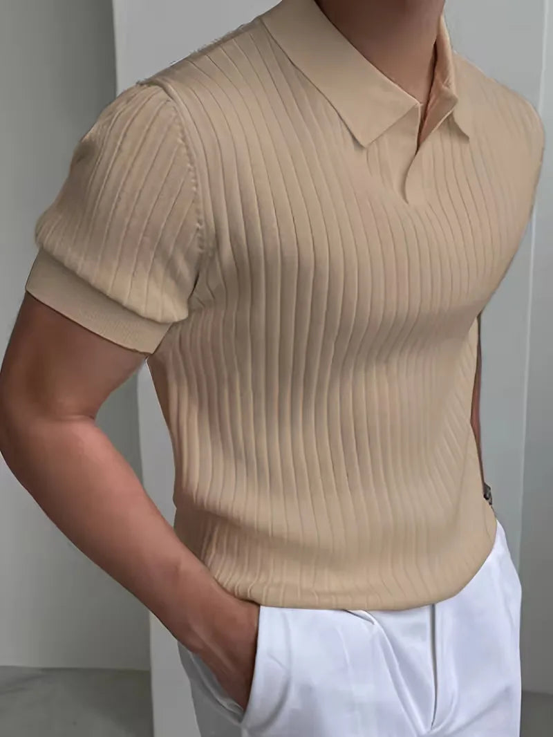 Mens V Neck Ribbed Texture Polo