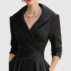 Midi Dress V-Neck Wrap Bodice Flared Skirt Pockets