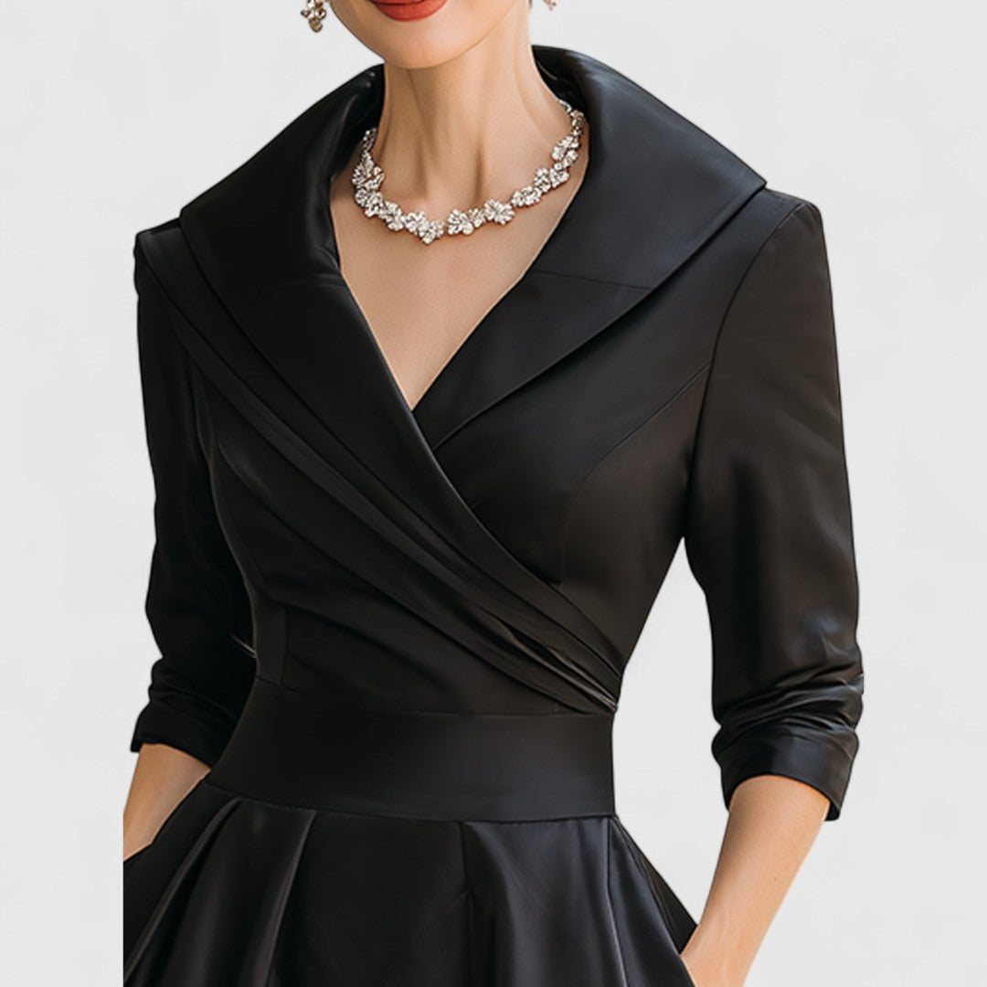 Midi Dress V-Neck Wrap Bodice Flared Skirt Pockets