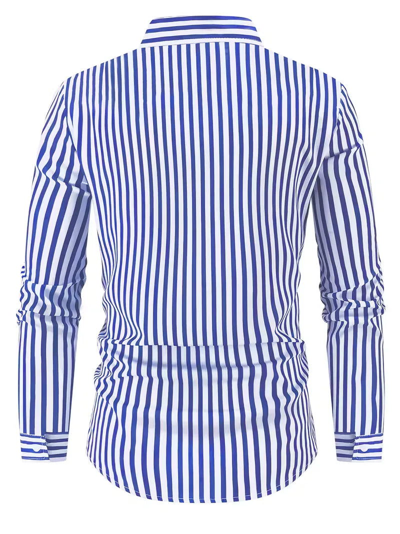 Mens Vertical Stripe Dress Shirt Mandarin Collar