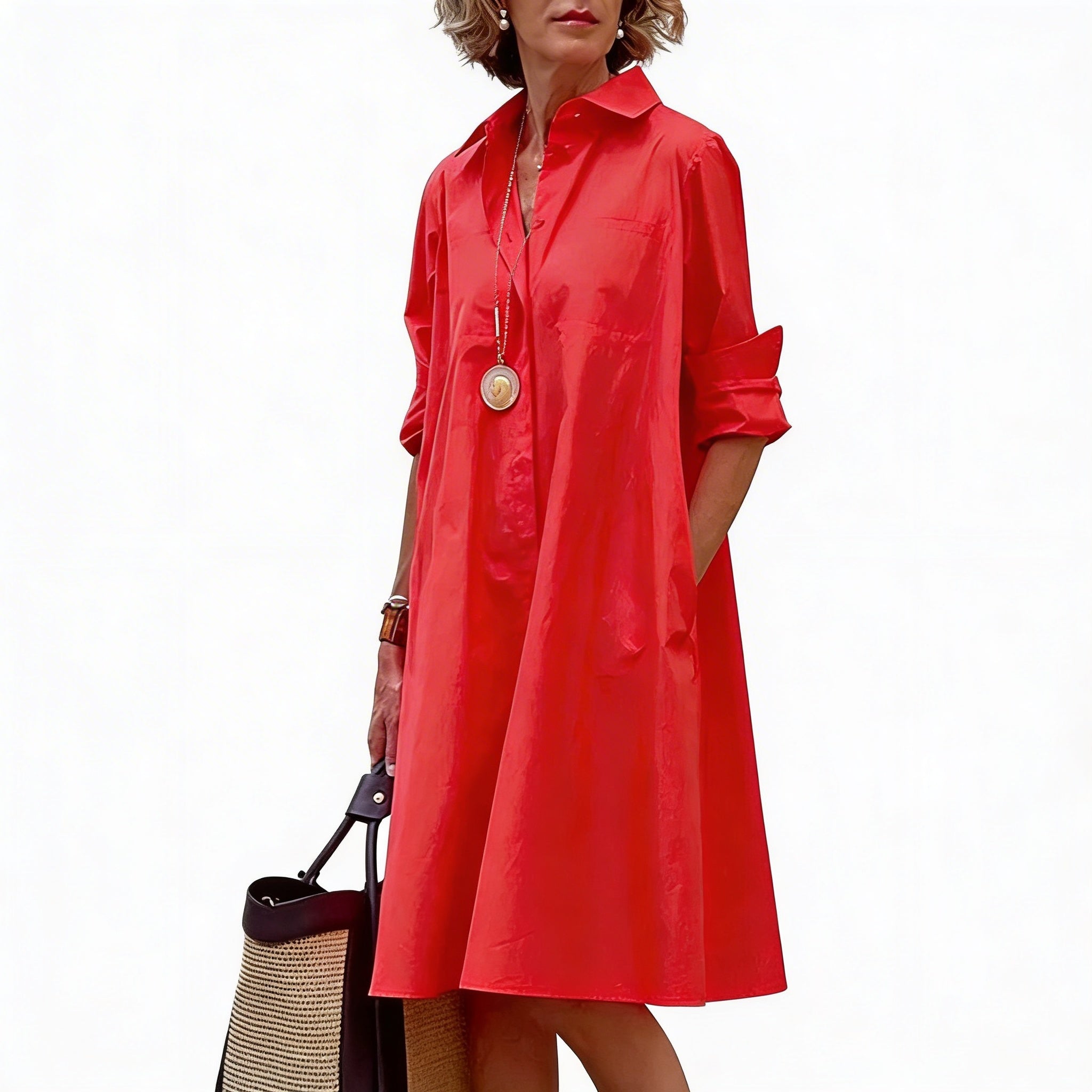Womens A Line Shirt Dress Polo Collar Pockets