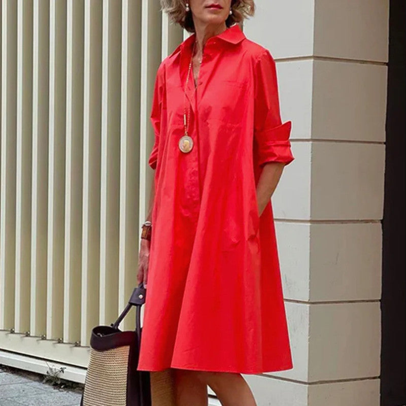 Womens A Line Shirt Dress Polo Collar Pockets