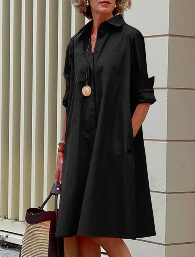 Womens A Line Shirt Dress Polo Collar Pockets