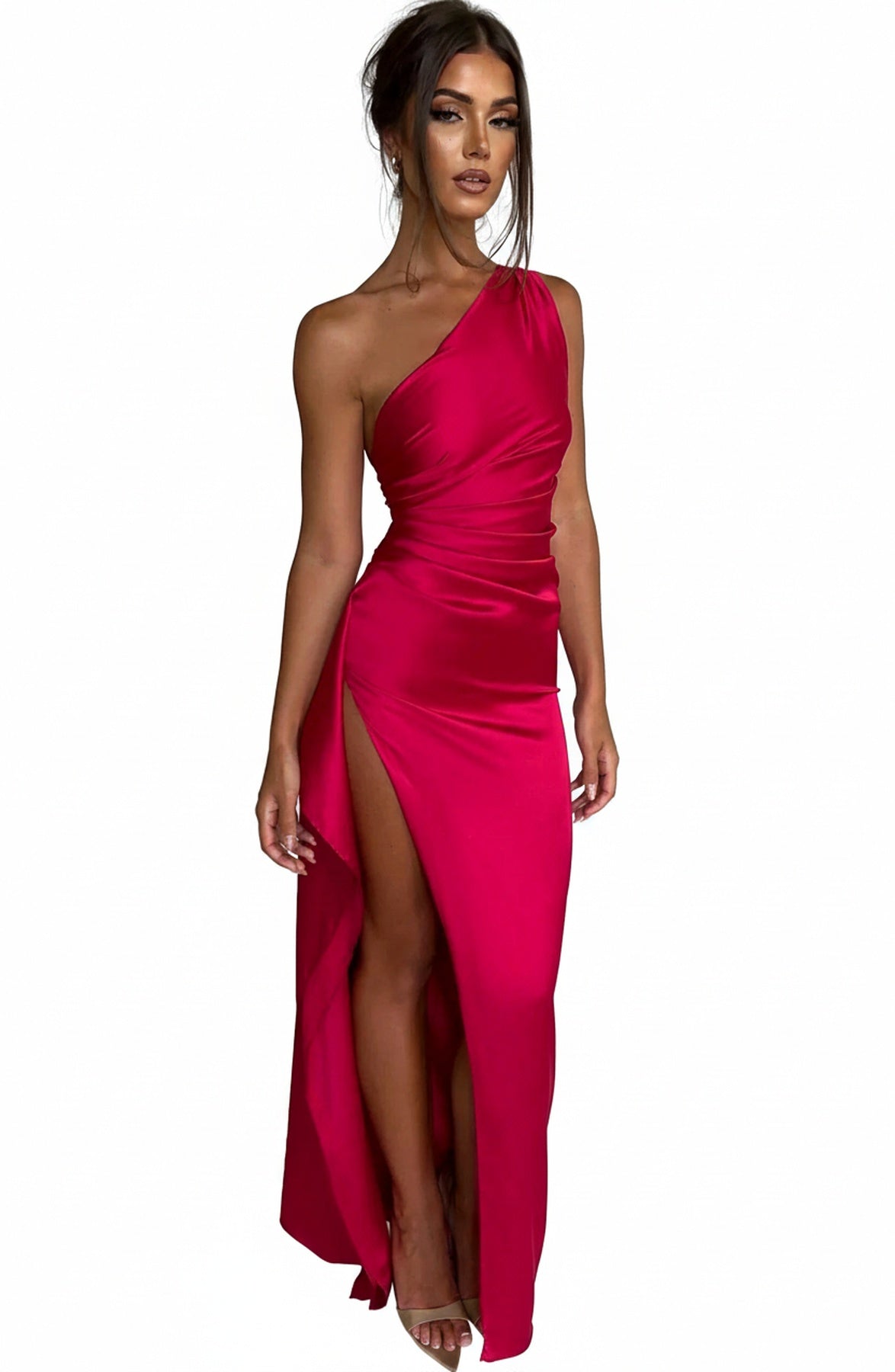 Womens One Shoulder Maxi Evening Dress Pleated Split