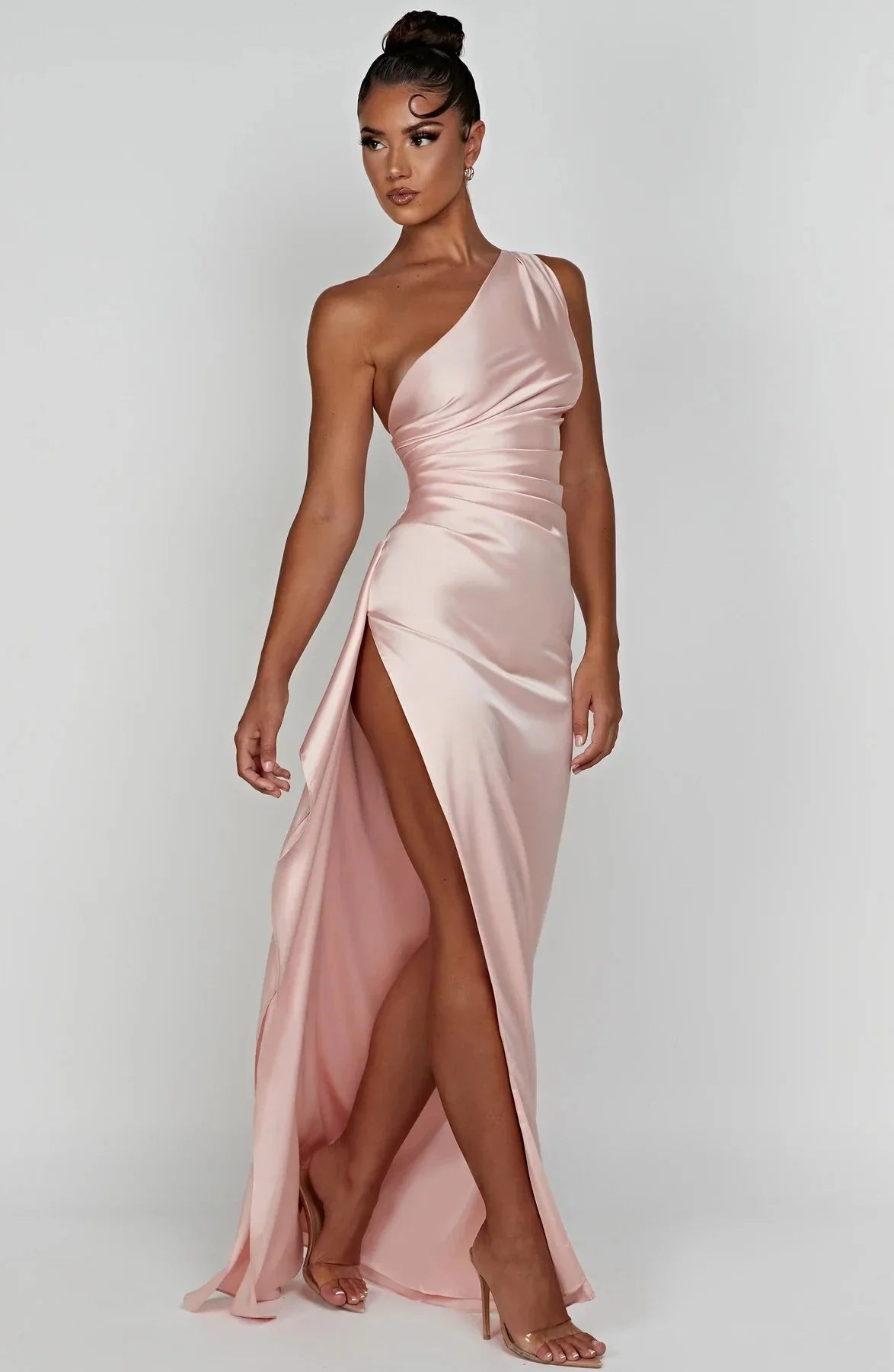 Womens One Shoulder Maxi Evening Dress Pleated Split