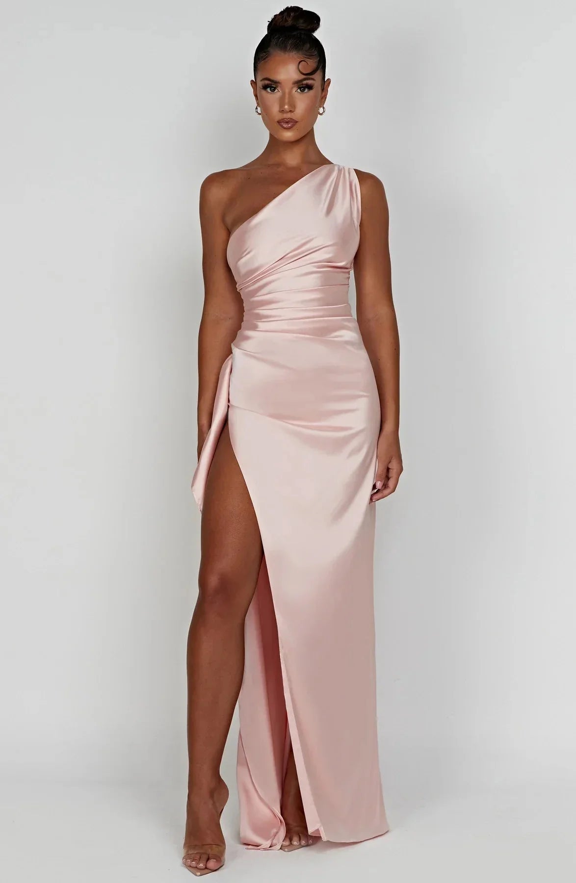 Womens One Shoulder Maxi Evening Dress Pleated Split