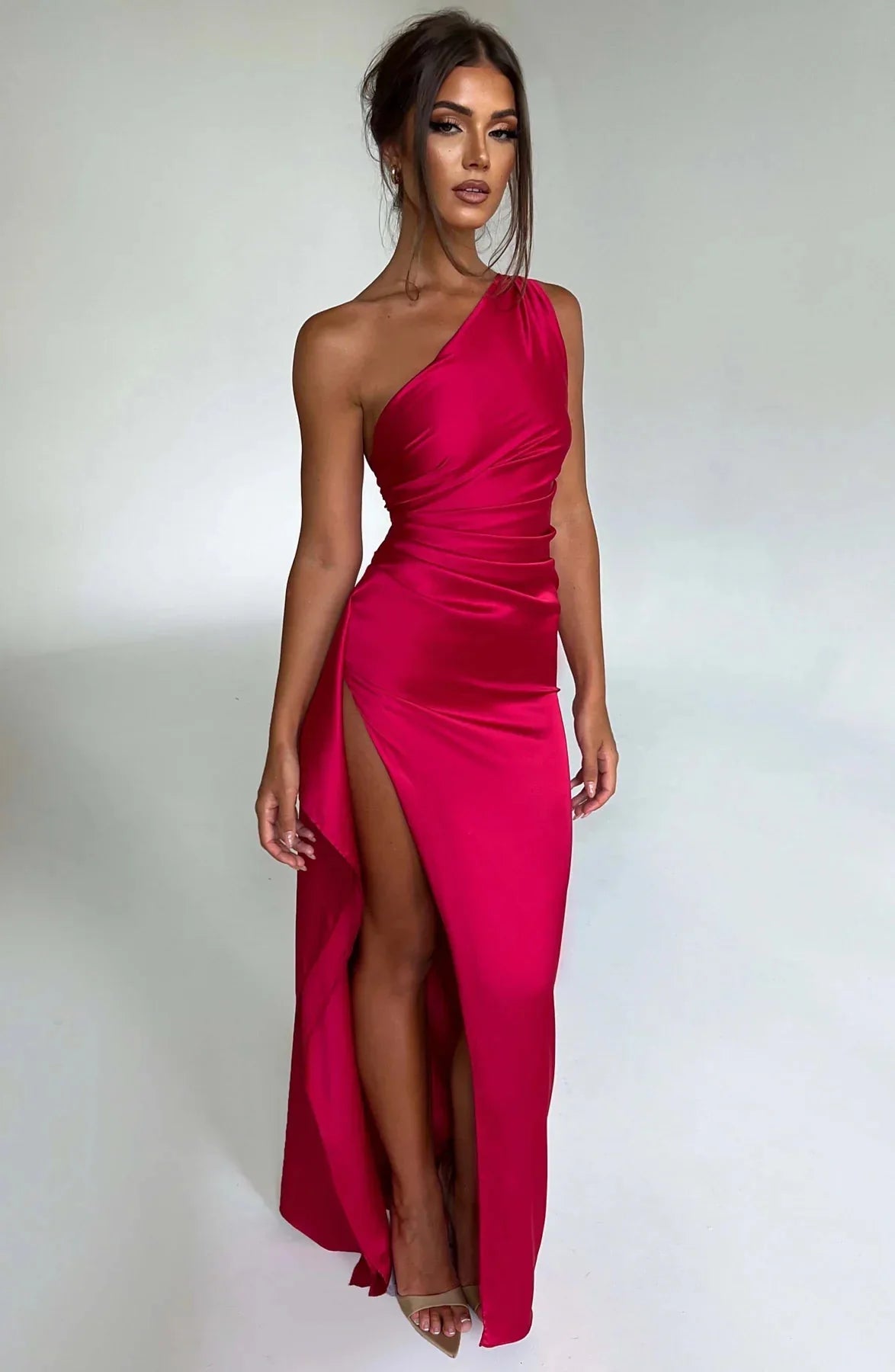 Womens One Shoulder Maxi Evening Dress Pleated Split