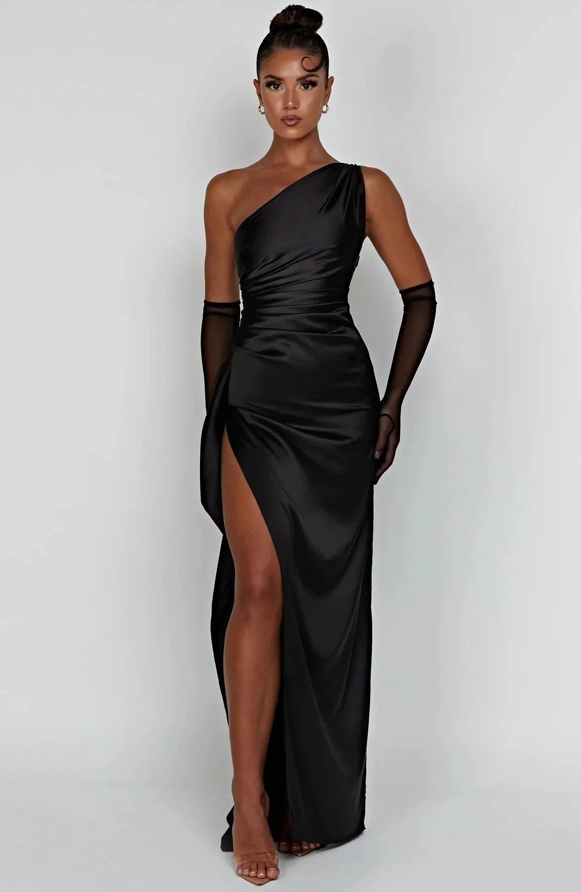 Womens One Shoulder Maxi Evening Dress Pleated Split